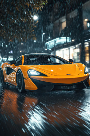 McLaren 620R, an orange car, driving on the road in a night scene. The ground is wet, with raindrops falling from above. This high-resolution photography captures the car in high-definition detail, showcasing a full-body photo of the front side, in the style of McLaren. --ar 2:3 --v 6.1 Job ID: 0379da85-aa04-4053-b9f9-74aba70b1d06の素材