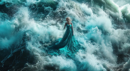 A woman in a long teal dress standing on the edge of giant waves, fantasy photography, in the style of cinematic. --ar 78:43 --v 6.1 Job ID: 3ca3074e-a061-4aac-a35d-4c207a5db016の素材