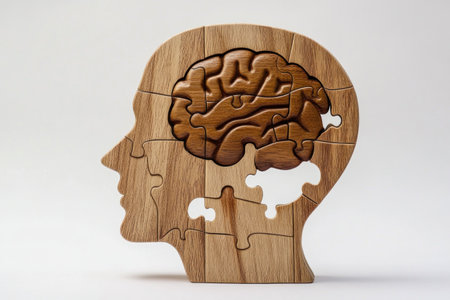 A wooden puzzle shaped like the side profile of an adult human head, with one half depicting iconic mental health symbols such as a brain and a smiley face. The background is white to highlight the intricate details in the wood grain and jigsaw pieces, symbolizing deep thinking or creative thought. --ar 3:2 --v 6.1 Job ID: d0282636-a389-4c30-8acf-c06f46c4ec65の素材