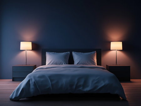 Dark bedroom with a bed and nightstands with lamps, front view, low-angle shot, ultra-realistic photography. --ar 4:3 --v 6.1 Job ID: 7517b776-40d4-4b61-917f-8b8cd496a5e2の素材