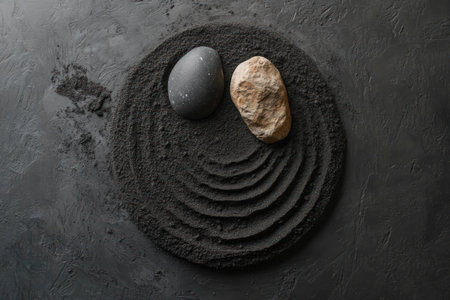 A black and white yin-yang symbol made of sand with two differently colored rocks on top, viewed from above. The circle is drawn in the middle of a gray or dark, textured ground. There is space around it for additional text. Flat lay style. Minimalist concept art. Zen garden vibe. --ar 3:2 --v 6.1 Job ID: fd230942-4aed-400b-9eba-e10446fbd626の素材