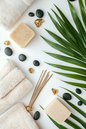 Background for an advertising banner with spa products. The background is white, with a green palm leaf on the right side. Gold objects are scattered around, and two towels are placed next to each other on the left side of the composition. There is also an incense stick between them. Several beige soaps are lying in front of one another, and some black pebbles are scattered about. There is no text or logo on the image, and the style is minimalistic. The shot is a studio-lit, top-down, close-up with soft lighting. --ar 2:3 --v 6.1 Job ID: 25906e75-11d6-495a-a1ed-c95e0c259b69の素材