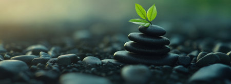 A tranquil background with gentle gradient colors, featuring black pebbles arranged in balanced stacks and a single green leaf on top of the highest stack. The focus is sharp against the blurred backdrop, creating an atmosphere that suggests a balance between nature's tranquility and modern wellness practices. This composition adds depth to your product display presentation. High resolution. --ar 41:15 --v 6.1 Job ID: cb075b37-f34e-489e-a815-7a63bafc7e70の素材