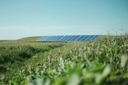 Photograph of solar panels in a grassy field on a sunny day, with a blue sky and shallow depth of focus, in the style of Unsplash photography. --ar 3:2 --v 6.1 Job ID: 3b3c802b-b2f4-4496-8ae2-d566b7b2ef9fの素材