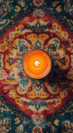 Diwali-themed flat lay with Indian pattern and candle, warm colors, hyper-realistic photography. --ar 43:78 --v 6.1 Job ID: d24fa72f-068e-441a-ab27-2527a3693accの素材