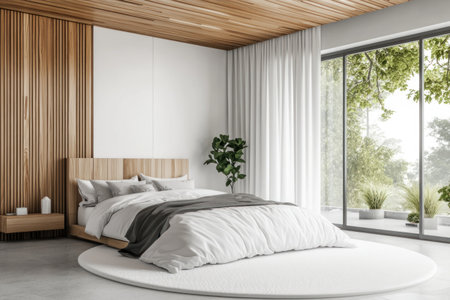 A white and gray bedroom with a wooden ceiling, a large bed in the center of the room, a white round rug on the floor, a large window, a wooden headboard, and a minimalistic interior design. 3D rendering illustration. --ar 3:2 --v 6.1 Job ID: 9bd757dd-96f6-49cb-ac2c-c0a9ba92da6bの素材
