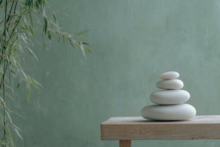 Photo of a stack of stones and bamboo leaves on a wooden table against a green background, representing relaxation in a spa or wellness center. Web banner with copy space for text on the right side, in light pastel colors, with ultra-realistic photography. --ar 3:2 --v 6.1 Job ID: 466a1b6e-777b-4763-9f1f-f32e6aefdd35の素材