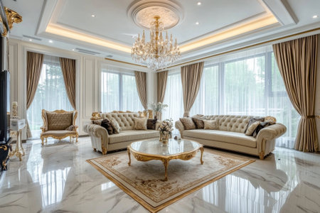 Luxurious living room with gold accents, elegant furniture, and large windows, featuring marble flooring and crystal chandeliers. --ar 3:2 --v 6.1 Job ID: fe59f56c-75ac-4b97-a2e6-5763394cab01の素材