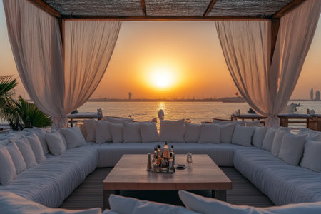 An open-air bar on the deck of an ice barge, with large sofas covered by white linen curtains, overlooking Doha's sea at sunset, captured using a Canon EOS R6 camera with an f/8 aperture setting and a shutter speed of 30 seconds to capture the details. --ar 3:2 --v 6.1 Job ID: 43a32d3e-ab2f-4934-bc54-f8d734ee284aの素材