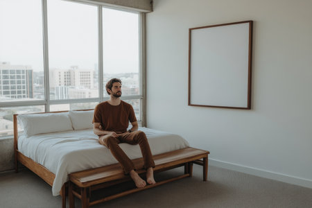 A white minimalist bedroom with an elegant wooden bed, brown bedding, and a bench at the foot of it. The room has large windows overlooking a cityscape. There is no furniture on the carpeted floor. A blank wall frame hangs above the headboard. Modern interior design. Hyperrealistic. --ar 3:2 --v 6.1 Job ID: 7d879646-c53e-4d81-8f3e-ba83bc0efb5fの素材
