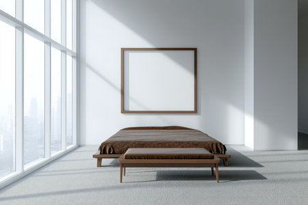 A white minimalist bedroom with an elegant wooden bed, brown bedding, and a bench at the foot of it. The room has large windows overlooking a cityscape. There is no furniture on the carpeted floor. A blank wall frame hangs above the headboard. Modern interior design. Hyperrealistic. --ar 3:2 --v 6.1 Job ID: 7d879646-c53e-4d81-8f3e-ba83bc0efb5fの素材