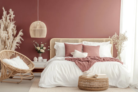 An elegant bedroom with an accent wall painted in a rich rose hue, complemented by white furniture and natural wood accents. The room includes soft lighting from pendant lights, creating a cozy atmosphere. A wicker chair sits beside the bed for reading or relaxing. On one side of the bed is a small nightstand adorned with fresh flowers and a stack of books. In front of the foot of the bed stands a coffee table holding decorative items like vases filled with plants and a vase containing roses. --ar 3:2 --v 6.1 Job ID: 055acf44-6fa9-47b5-8b36-c94adb50feb5の素材