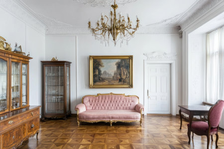 Interior of a large, spacious living room in the old Russian style, with wooden parquet flooring, white walls, and a golden chandelier. In the center, there is an elegant pink sofa against one wall, with a glass cabinet on it. On another side, near the door, stands a vintage desk with a chair. The painting hangs above the couch. --ar 3:2 --v 6.1 Job ID: db737b03-6dad-495f-a7ec-440727574a8bの素材