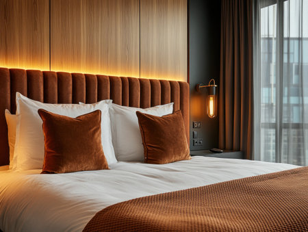 Close-up view of the headboard on a bed in a bedroom with white and brown pillows, wooden wall panels, window curtains, modern interior design style, soft lighting, and a cozy atmosphere. --ar 4:3 --v 6.1 Job ID: 0a2d0f1a-af7b-4d78-93f1-1b4c3545ce20の素材