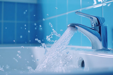 Water flowing from the faucet, a close-up of water being turned on in a bathroom sink with blue walls. Water is splashing and gushing out of the tap onto white tiles. The scene captures a moment where fresh, clean water flows into a bright, modern kitchen or public washroom, symbolizing health and technological progress in urban living. --ar 3:2 --v 6.1 Job ID: f89183e2-f5d3-4e7b-bf72-826a0c9ec937の素材