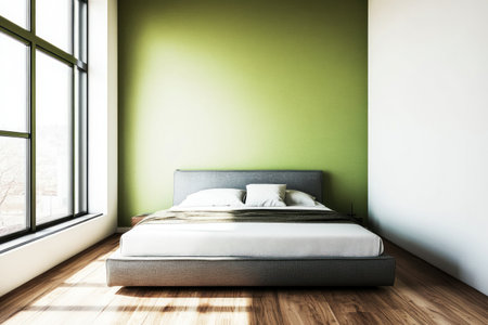 Minimalist bedroom interior with a gray bed, white walls, and a green accent wall, wooden floor, mock-up. --ar 3:2 --v 6.1 Job ID: 990637fd-081a-42df-bffc-47e63c4b3f4fの素材