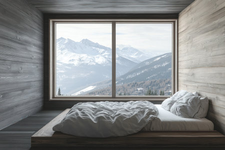 Modern bedroom interior with a gray wooden wall, a bed, and a large window overlooking the valley. Minimalist design style with a dark color theme. Realistic photography, high resolution. --ar 3:2 --v 6.1 Job ID: d39d8118-91dd-4133-b064-8b69f7e49520の素材