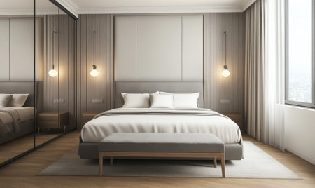 A modern bedroom with a grey headboard and white fabric sheets on the bed, a wooden floor, and a small gray bench at the end of the bed. A mirrored wardrobe is on one wall, and the walls are light in color. A window is on the right side, and a wall sconce provides lighting. This is a 3D rendering, in high definition, with no blur effect or gradient, and natural lighting, resulting in a hyper-realistic appearance. --ar 5:3 --v 6.1 Job ID: 0539d57d-5b70-4c0b-a33f-313405c03dd8の素材