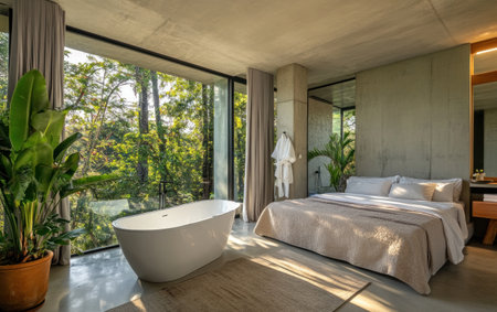 Modern bedroom with a bathtub and bed, concrete floor, large window overlooking green trees, gray walls, white ceiling, minimalist style interior design. The bathroom is adjacent to the bedroom. A tall indoor plant stands in front of it. There's an open toilet behind it. High-definition photography. --ar 8:5 --v 6.1 Job ID: 98f58645-cb53-469d-8734-332c95601803の素材