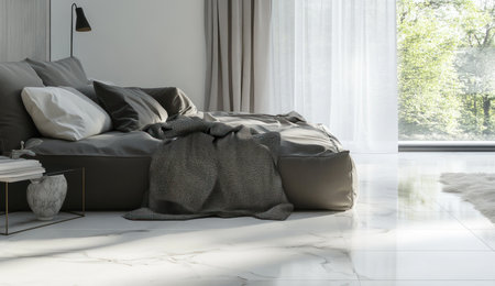 Modern bedroom with a bed, sofa, and study table. The interior design is minimalistic in gray tones, with an open window on the wall behind which you can see nature, and white marble floor tiles. A large carpet lies under the furniture. Hyper-realistic, high-resolution rendering in the style of a photorealistic artist. --ar 26:15 --v 6.1 Job ID: 1547fdbd-3a8a-4b65-be7e-fe9ac756cda8の素材