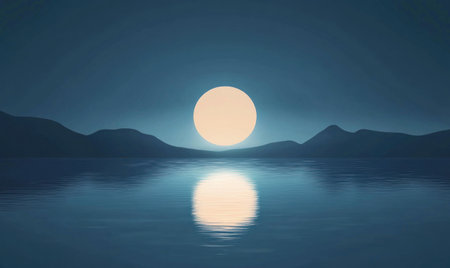 A vector illustration of the setting sun reflected on calm waters, with a minimalist background. The setting sun is depicted as an oversized glowing ball against a dark blue sky, casting long shadows over the tranquil water. In front of it stand two thin and elegant mountains, their peaks rising above the horizon line. This scene conveys tranquility and stillness in nature's beauty, in the style of Adrian Tomine. --ar 5:3 --v 6.1 Job ID: 3996485a-2b97-4a2b-98db-5385c5134c94の素材