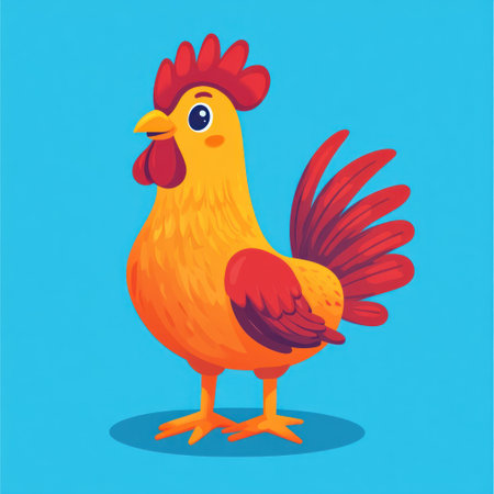 A cartoon vector illustration of a cute rooster, in a simple flat style, with a full-body portrait, against a blue background. The color scheme features vibrant shades of red and orange, with a gradient effect. This design is suitable for a graphic t-shirt print. --v 6.1 Job ID: 7694c3a8-c9c8-46e8-968c-17055788bcb5の素材