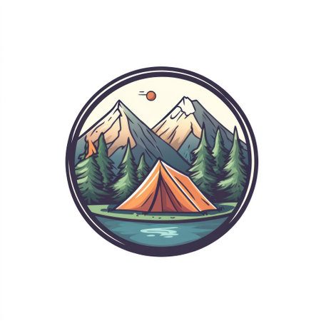A camping tent in the forest with mountains and a lake, in a simple flat vector logo style, with solid color blocks, retro colors, a circular composition, a circular badge design, on a white background, in an illustration style with cartoonish lines, in the style of Kaws, featuring 2D, colorful illustrations in a bold comic line style. --v 6.1 Job ID: 5222da88-f9a6-4be5-ab5f-6da1d366ea85の素材