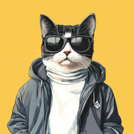 A cat in streetwear, wearing sunglasses, vector illustration, flat design, yellow background, white T-shirt, gray jacket, graffiti style, portrait, cool pose, professional lighting, studio photography, high resolution. --v 6.1 Job ID: 360e1e06-ca2f-45ee-8a8c-1590156abe5dの素材