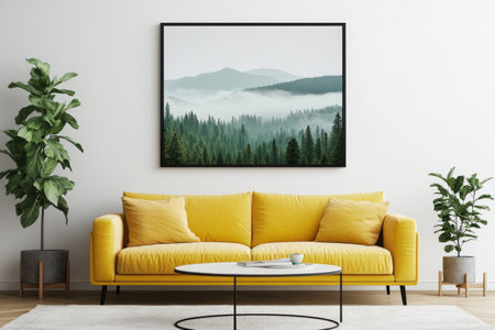 Wall art mockup, a landscape photograph of the rocky mountains in Colorado with fog hanging over the forest and green trees on top of the mountain range, framed in a black frame above a yellow sofa in a modern living room, white walls, minimalist style, wide-angle shot, high-resolution photography, insanely detailed, fine details, professional color grading, soft shadows, clean, sharp focus, and film grain. --ar 3:2 --v 6.1 Job ID: a1cbd582-3776-4d82-8309-d95554fe49fbの素材