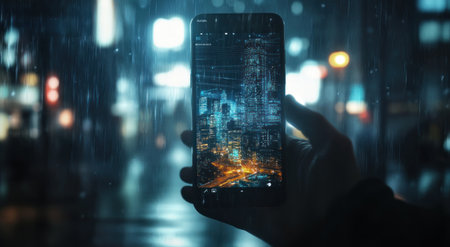 A hand holding an iPhone with the screen displaying a digital, glowing cityscape, the background blurred to emphasize the smartphone display. The scene is illuminated by soft street lights and natural daylight, creating a warm ambiance. A futuristic look on the phone's interface adds depth to the overall composition. The digital art style features detailed textures for each element of both the device and the environment. --ar 78:43 --v 6.1 Job ID: 885a11c9-e8c3-40fb-b930-e561afe8f973の素材