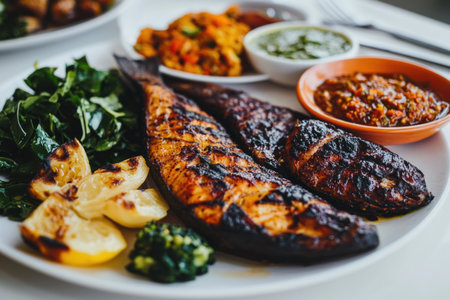 A plate of smoky grilled fish with various side dishes, green leafy vegetable on the left and an orange dish filled with sambal red chilli sauce on right. SBiohak in background with other Indonesian food, close-up shot. The table is white and there's a spoon lying next to it. Natural light from window illuminates the scene. Shot by Nikon D850 DSLR camera with an aperture setting of f/4 and ISO at speed of 260 shutter speed. --ar 3:2 --v 6.1 Job ID: d7fcfb17-0c93-4a0a-ac4a-0448608f4201の素材