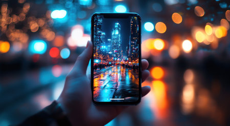 A hand holding an iPhone with the screen displaying a futuristic cityscape and glowing lights, against the blurred background of a night street. The phone's design is sleek and modern, reflecting its role as both a fashion statement and powerful technology. Digital illustration with attention to detail in lighting effects for realism. --ar 78:43 --v 6.1 Job ID: 428469d8-6a55-47f4-9b8c-d7e68e6a811aの素材