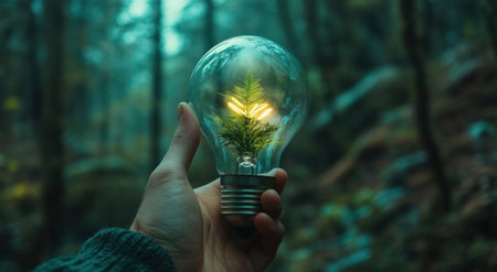 Hand holding a light bulb with a green plant inside, in a forest. Green energy concept, stock photo, cinematic lighting, captured with a Sony Alpha A7 III camera. --ar 78:43 --v 6.1 Job ID: cc708205-186b-4f0c-9ad9-ee99d63be34dの素材