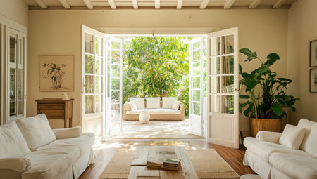 Beautiful home interior with open French doors leading to the garden, showcasing a light and airy living room with white sofas, natural lighting, wooden flooring, and lush greenery outside. --ar 53:30 --v 6.1 Job ID: c8019bcc-16c0-4d88-bedd-1429f53506ccの素材