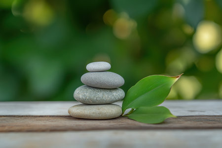 Photo of a stack of stones and bamboo leaves on a wooden table against a green background, representing a wellness spa or massage therapy. Web banner with copy space on the right. --ar 3:2 --v 6.1 Job ID: 69e9c2bb-98d4-4c66-9cc7-99a7e20b3c0dの素材