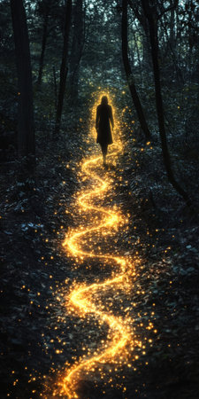A glowing golden path leading through the dark forest, with light shining from within it and an ethereal figure standing at its beginning end. The trail is winding like in Narnia but more realistic. --ar 1:2 --v 6.1 Job ID: 869008e3-dd2a-4d46-af4e-760bdcd3932fの素材