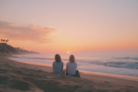 Two people sitting on the beach, watching the sunset over the ocean. The photo is taken from behind them, with the soft golden light reflecting off their faces, creating a serene and peaceful atmosphere. The warm tones of orange and pink in the sky, and the sandy shore with gentle waves lapping at the edge, contribute to the tranquil scene. --ar 3:2 --v 6.1 Job ID: 21f61b99-2026-4f79-b155-e76d00fb1066の素材