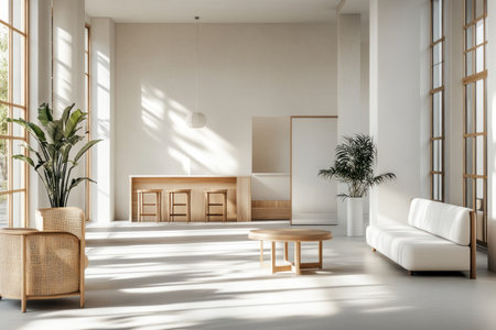 A bright and spacious hotel lobby with large windows, modern furniture, sleek design elements, a neutral color palette of light gray walls and white floors, ambient lighting from ceiling lights, soft shadows on the floor, a few indoor plants adding life to the space, and a welcoming atmosphere for guests entering the building. The scene is captured in high resolution using a Canon EOS R5 camera, in a professional photographic style, emphasizing details and textures. --ar 3:2 --v 6.1 Job ID: 41623dbd-0a55-4190-b746-cfd2e711e9e1の素材