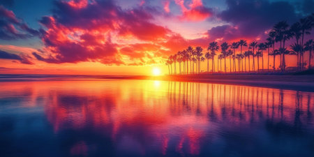 A vibrant sunset over the palm trees on San Diego's Coronado Beach, creating an enchanting backdrop for travel photography with copy space. The colorful sky reflects off the calm waters as the sun sets behind tall coconut palms standing in perfect symmetry along the beachfront, offering an idyllic scene to capture the beauty of summer in Southern California's tropical paradise. --ar 2:1 --v 6.1 Job ID: 532b1786-d8d4-469c-b998-8a5bece438dcの素材