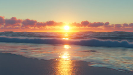 A stunning sunset over the ocean, with waves crashing onto an empty beach and soft sunlight reflecting off them. The sky is filled with vibrant colors as the sun sets behind the horizon, creating a breathtaking scene that captures nature's beauty at its most enchanting moment. --ar 53:30 --v 6.1 Job ID: c5c9e358-7856-4a53-aa64-ba0a3b481a0dの素材