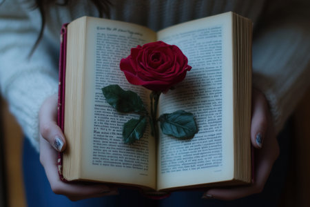 Photo of a person holding an open book with the page featuring a rose and card, showcasing their creative use of custom lettering on a bookmark. Web banner with copy space on the right. --ar 3:2 --v 6.1 Job ID: b246dc10-ae3f-423f-8f5f-dfbc45cb541fの素材
