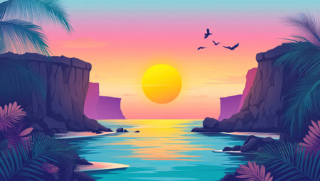 Cartoon vector-style landscape view of the beach at sunset, with cliffs and tropical plants on both sides of the water, a large sun setting in front of them, birds flying above, and a colorful sky. Vector art, vector illustration, vector logo, vector sticker print design, vector graphics. --ar 53:30 --v 6.1 Job ID: 2b003f09-f6ca-481f-b383-219323e8fddcの素材