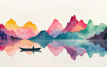 A whimsical and dreamy scene of mountains with water, a small boat on the river surface in the foreground, a person fishing from it, all depicted as colorful ink wash paintings against an isolated white background. The composition is centered around three different color palettes, creating depth within each element. This artwork embodies Chinese aesthetics by incorporating abstract shapes inspired by nature, creating a harmonious blend between traditional artistry and modern design. --ar 8:5 --v 6.1 Job ID: 4b4d0a6a-e576-402e-8d47-c863bbf9334cの素材