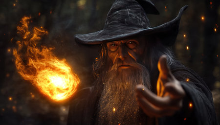 Dark fantasy, an old wizard with a black hat casting a fireball spell, a full-body portrait, a dark forest background, fantasy art style, digital painting, cinematic lighting, cinematic composition, hyper-realistic, high-resolution photography, Octane render, in the style of Greg Rutkowski and Thomas Kinkade. --ar 128:73 --v 6.1 Job ID: d947c69f-a764-49f8-965e-fafcb06c0e21の素材