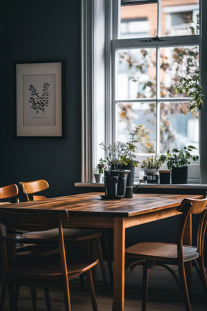 A dining room with dark grey walls, a wooden floor, and white windows, featuring a modern Scandinavian-style interior design. A framed poster adorns the wall, and a wooden table with chairs surrounds it, creating a cozy and minimalistic atmosphere. --ar 2:3 --v 6.1 Job ID: f0e37c4a-0d4f-4415-9501-31928e4aac8fの素材