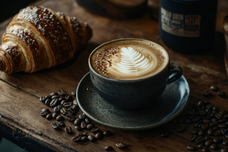 Cappuccino coffee with a croissant on a wooden table, surrounded by coffee beans and a coffee cup in close-up view. The scene is captured using a Canon EOS-5D Mark III camera with a wide-angle lens. This photograph showcases the rich texture of the coffee and its surroundings. --ar 3:2 --v 6.1 Job ID: 9ef58fd6-079e-497c-8d8a-ec772663e58aの素材