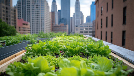 A rooftop garden in the heart of an urban setting, where the city skyline is visible in the background. The vegetable patch contains lettuce and other vegetables growing well, while the greenery creates an oasis amidst the concrete skyscrapers. This photo was taken with a Canon EOS R5 camera using a macro lens at an f/2.8 aperture to capture the intricate details of the plants. It features a shallow depth of field, which highlights the green leaves against the grey buildings. --ar 53:30 --v 6.1 Job ID: f6bc63b1-8b33-4024-a36e-4be48ef8a26bの素材