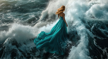 A woman in a long teal dress standing on the edge of giant waves, fantasy photography, in the style of cinematic. --ar 78:43 --v 6.1 Job ID: 3ca3074e-a061-4aac-a35d-4c207a5db016の素材