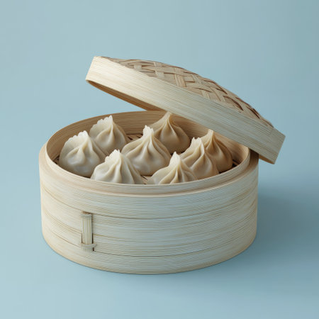 3D render of steamed Chinese dumplings in a bamboo container on a light blue background, studio shot. --v 6.1 Job ID: ec7256eb-12f1-4826-88be-b85edec863cfの素材