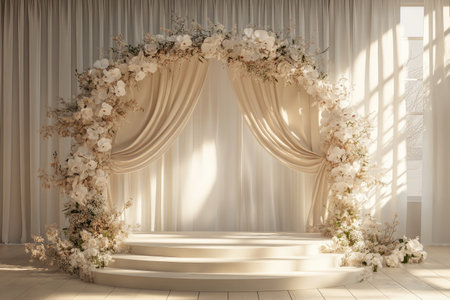3D render of a wedding stage background with a floral arch and curtains, a podium for product display presentation mock-up, and a studio room with light from a window. The image features a sharp focus, bright lighting, daylight, professional-quality photography, white lighting, golden hour lighting, volumetric lighting, and extremely detailed rendering in Unreal Engine V6. --ar 3:2 --v 6.1 Job ID: a0d5c774-bcf6-4399-a001-467e8b70cac9の素材
